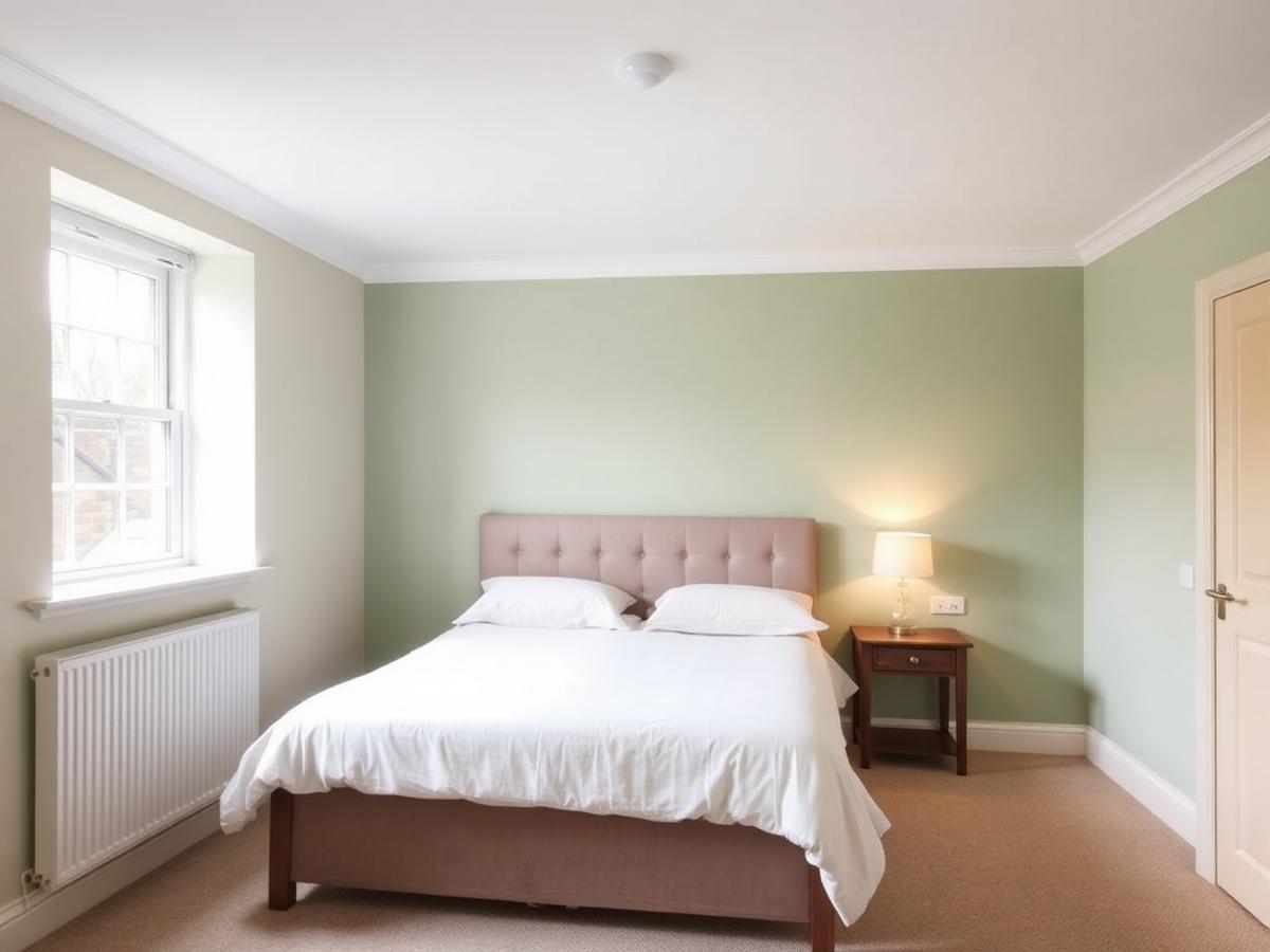 Bedroom with a soft green feature wall and white woodwork