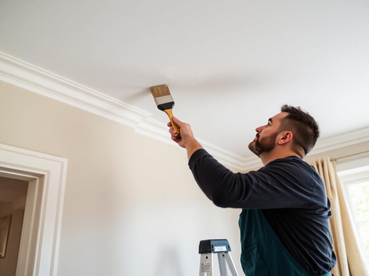 Decorator cutting in paint along a ceiling edge with a brush