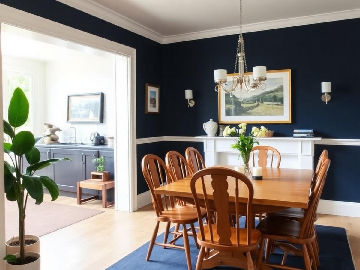 Dining room with a deep navy feature wall and white woodwork