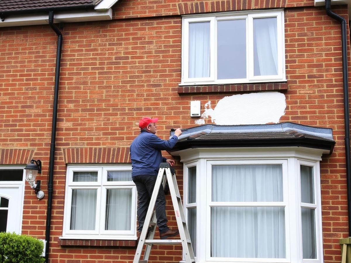 Painter on a ladder painting the exterior woodwork of a brick house