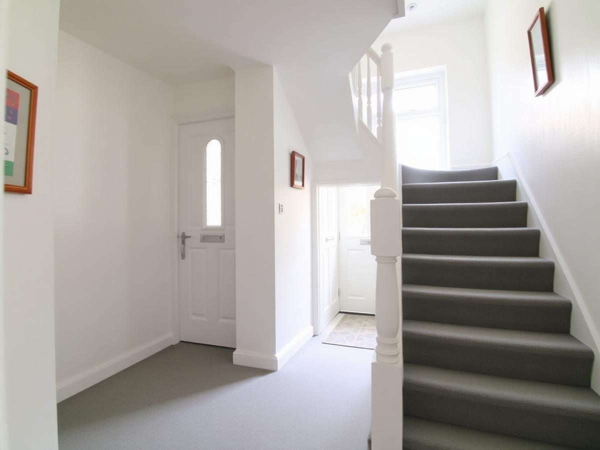 Decorated hallway and staircase with white walls and painted bannister
