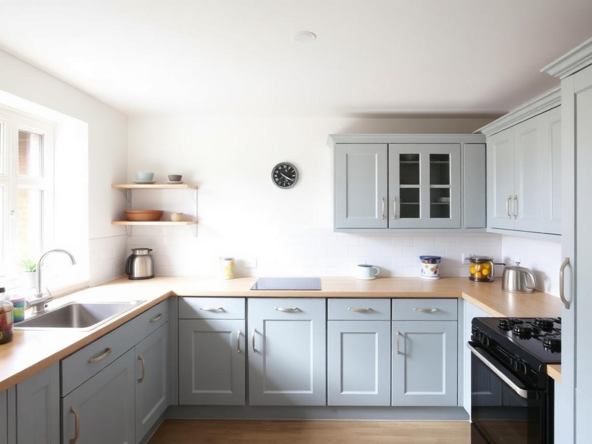 Kitchen with repainted blue-grey cabinets and white walls