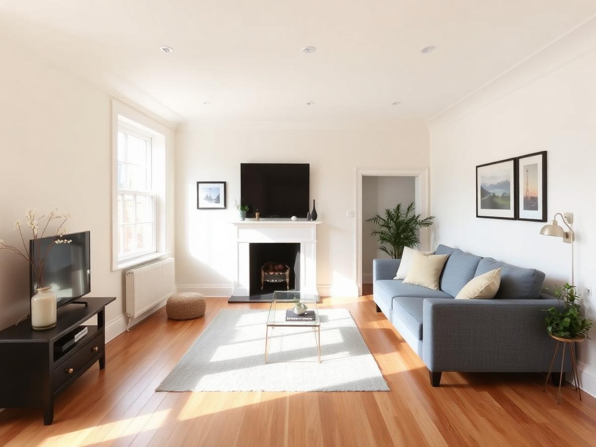 Freshly painted living room with off-white walls and wooden flooring