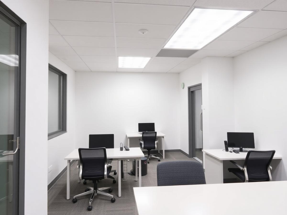 Small office interior with freshly painted white walls and desks