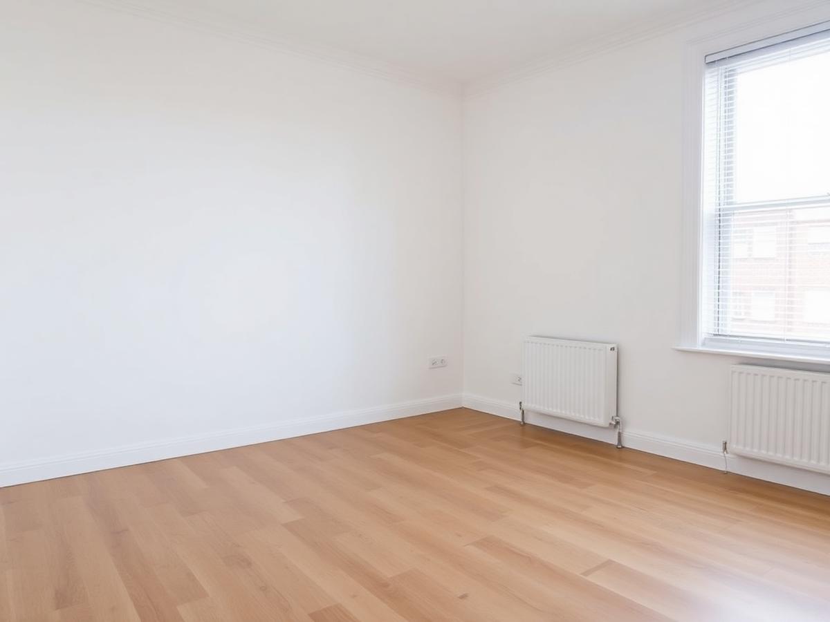 Empty rental room repainted in plain white with laminate flooring