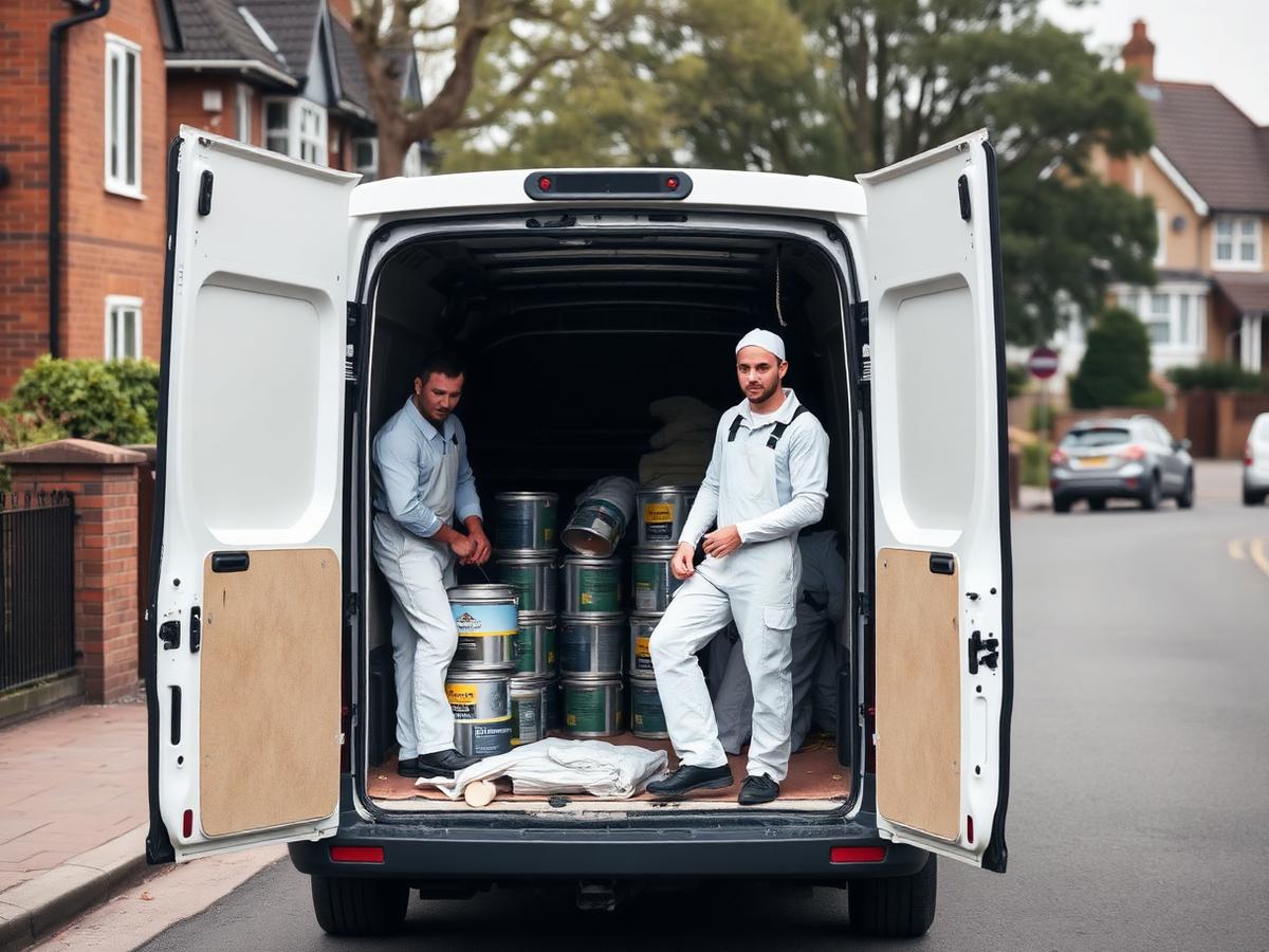 Painters loading paint tins and dust sheets from a work van