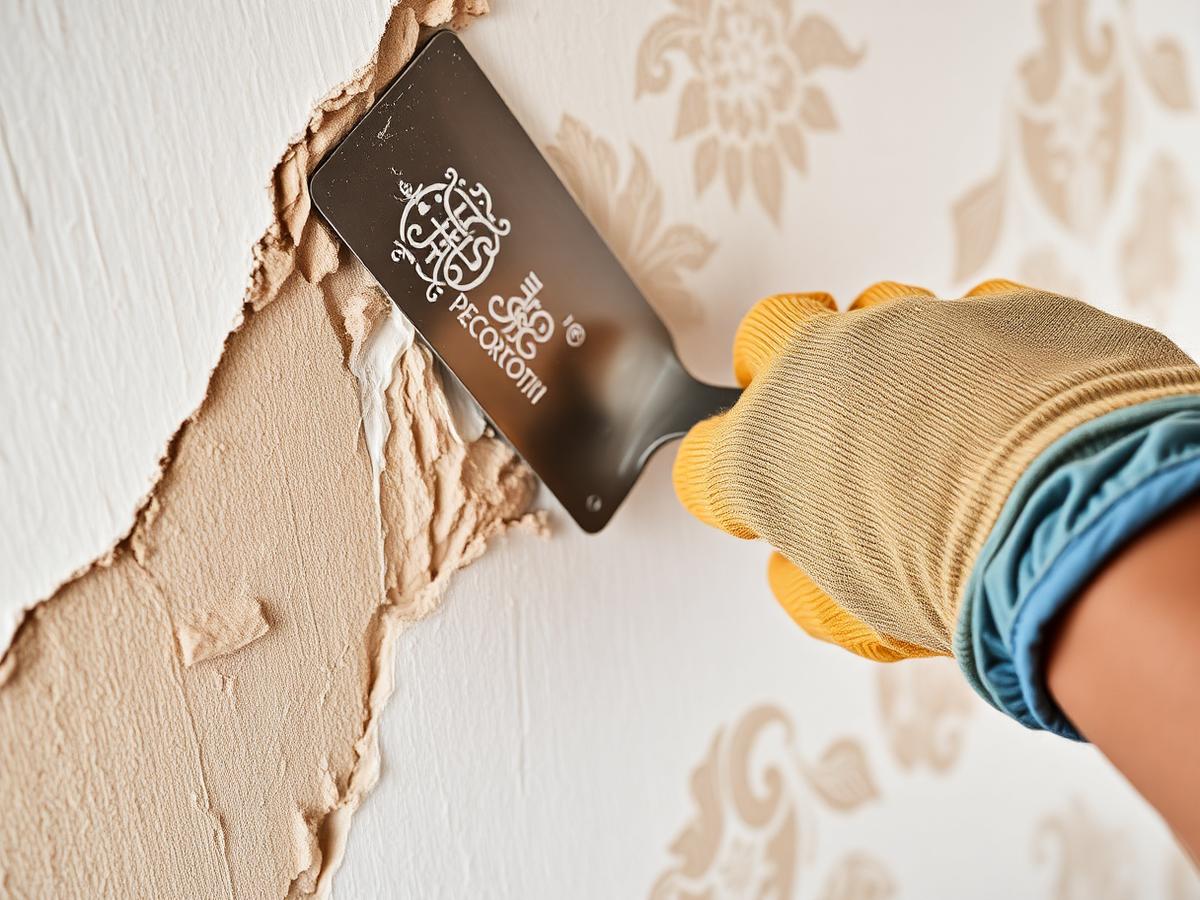 Decorator stripping old wallpaper from a wall with a scraper